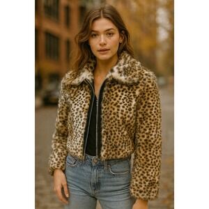 Y2K Wet Seal Leopard Print Faux Fur Cropped Jacket Women's Size L Zip Front Cozy